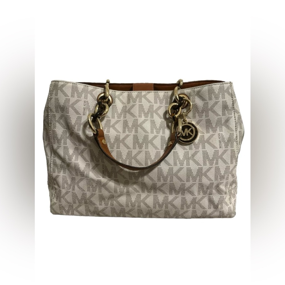 Michael Kors Cynthia Signature MK Logo Satchel Purse In Vanilla - W/Strap